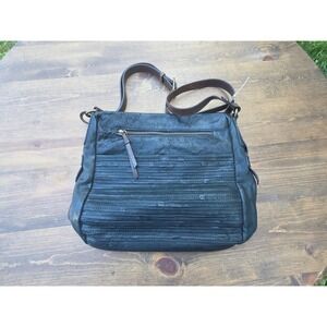 Nino Bossi Black Leather Crossbody Bag Pleated Boho Hobo Floral Lining Large